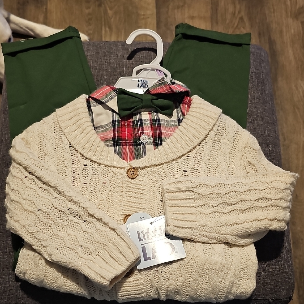 NWT 3 Piece Plaid Shirt Cream Sweater Green Pants Set Tie Little Lad Boy Toddler